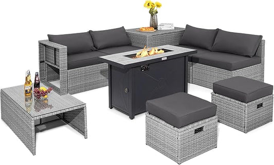 Tangkula 9 PCS Patio Furniture Set with 42” 60,000 BTU Fire Pit, Outdoor Space-Saving Sectional Sofa Set with Storage Box, Waterproof Covers Included (Gray)