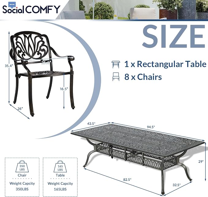 9-Piece Patio Cast Aluminum Dining Set, Outdoor Dining Furniture Set for 8 Person, Includes 94.5" Rectangular Dining Table and 8 Chairs with Umbrella Hole for Patio Deck Garden