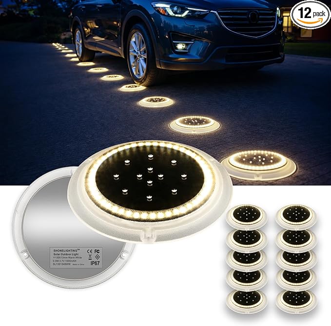 Solar Ground Lights, 48 LEDs Deck Disc, Warm White, 12Pk | Outdoor Waterproof, Flat Round Low Profile, Ultra Bright, IP67 Waterproof, Car Weight Bearing, Driveway, Dock, Path, Walkway