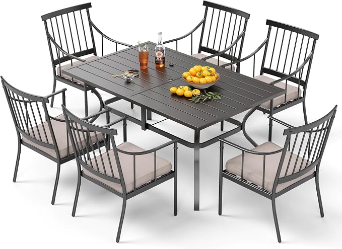 PHI VILLA 7 Piece Patio Dining Set, Rectangular Metal Table | Metal chairs, Fixed Chair, 1.57" umbrella hole, Cushions, powder-coated, 300 lb chair capacity, for Patio, Deck, Yard