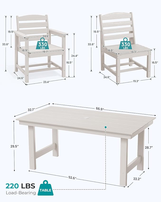 SERWALL 7-Pc HDPE Patio Dining Set, 1 Table & 6 Armless Chairs, White | HDPE Outdoor Dining Set with Rectangular Table & 6 Armless Chairs, All-Weather Resistant SERWALL Dining Set for 6
