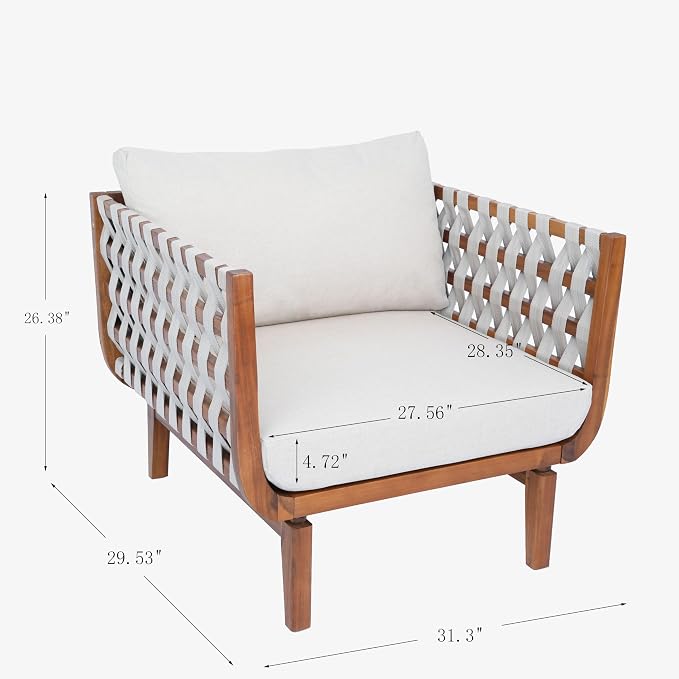 Merax Outdoor Acacia Wood Club Chair wtih Cushions, Patio Sofa Chair with Hand-Woven Rope, Deep Seating for Porch, Lawn, Backyard, Balcony, 400 lbs Weight Capacity, Teak+ Beige