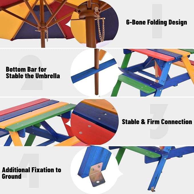 Olakids Kids Picnic Table, Outdoor Toddler Wooden Table and Chair Set with Removable Umbrella, Children Activity Furniture Bench Set for Patio Garden Backyard