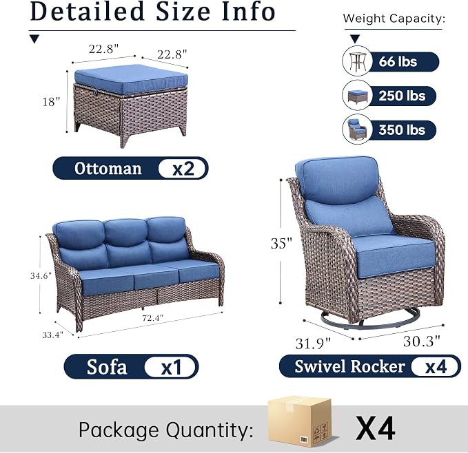 Luxury High Back Outdoor Furniture with 6-Inch Thick Cushions, Patio Furniture Set with Swivel Chairs, 7 PCS Wicker Conversation Set for Porch, Balcony, Deck and Yard