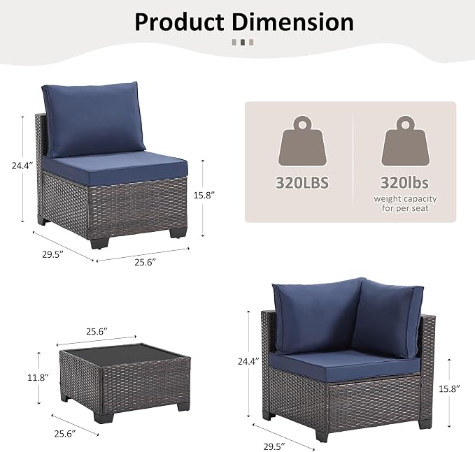 ANJ 5 Piece Outdoor Wicker Patio Furniture Set, Modular Loveseat Sofa with with Glass Top Coffee Table, All-Weather Rattan Conversation Couch Set for Balcony, Backyard, Dark Brown Wicker-Blue