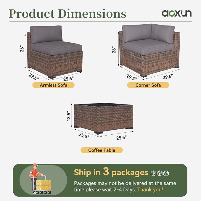 Aoxun 10 Piece Patio Furniture Set Wicker Rattan Patio Conversation Set Outdoor Sectional Sofa Set with Coffee Table and Thickened Cushions, Gray