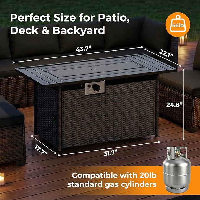 LEVELEVE 8-Piece Wicker Patio Conversation Set with 44" Propane Fire Pit Table, Cozy Outdoor Sectional Sofa for Backyard Gatherings, Poolside Lounging & Garden Parties