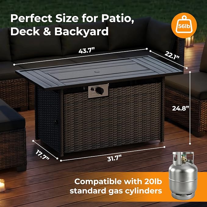 LEVELEVE 8-Piece Wicker Patio Conversation Set with 44" Propane Fire Pit Table, Cozy Outdoor Sectional Sofa for Backyard Gatherings, Poolside Lounging & Garden Parties