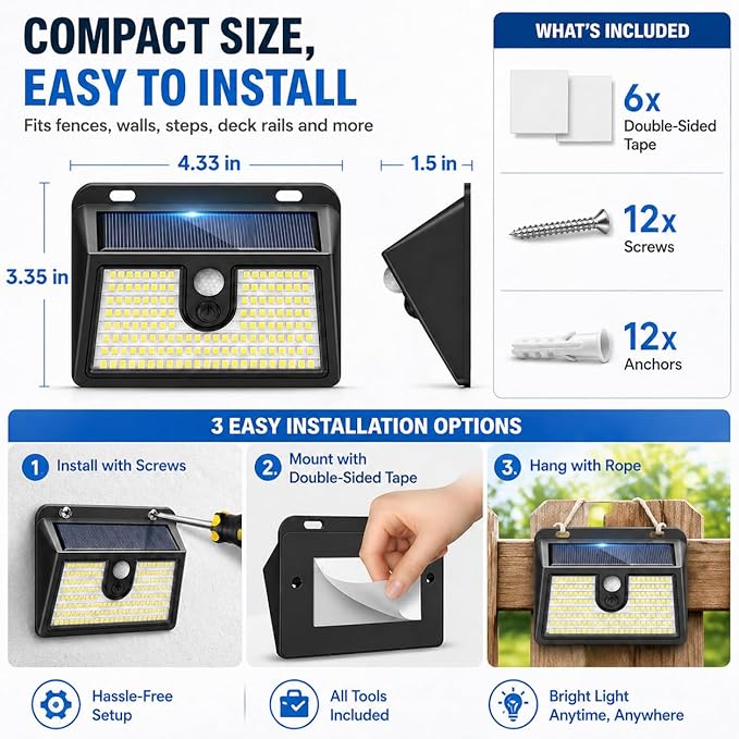 [6 Packs] Solar Motion Sensor Outdoor Lights, Super Bright Solar Lights Outdoor Waterproof, 3 Lighting Modes Security Wall Light for Outside Walking Dog Fence Backyard Deck Garden Door Step Garage