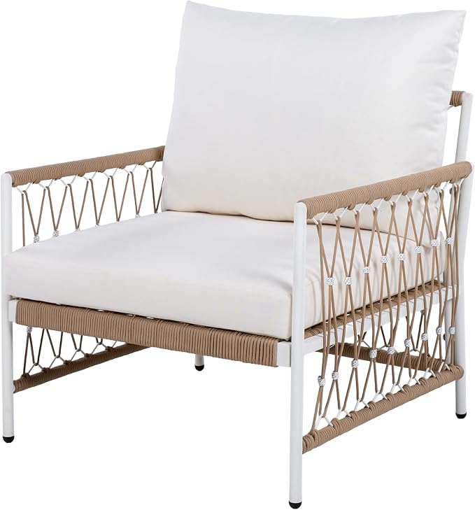 Christopher Knight Home Gwen 3-Piece Bohemian Outdoor Patio Furniture Set, Set of 2 Lounge Chairs with Cushions & Glass Top Side Table, Patio Conversation Set for Garden, Poolside, Beige + Natural