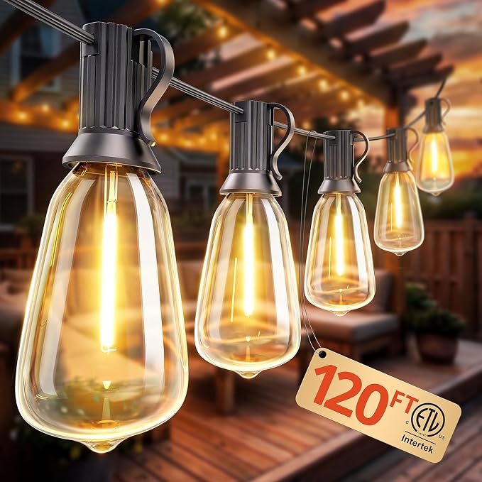 Outdoor String Lights 120FT, Outdoor Party Light with 58 Edison Lights Bulb | Shatterproof,Edison Outside Lights,Plug-In,2700K Dimmable, Connectable, Hanging Light for Porch Garden Backyard Deck Balcony
