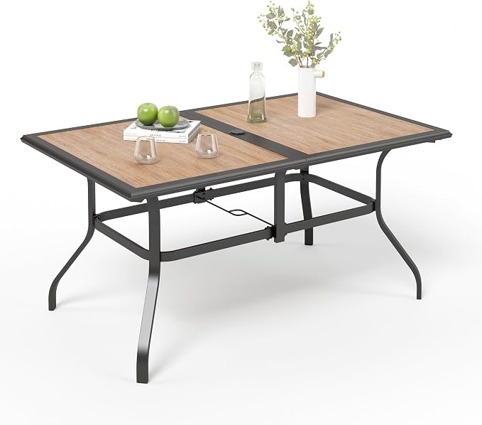 MIXPATIO Outdoor Patio Dining Table for 6, 60" x 37" Rectangular Metal Patio Dining Table with Umbrella Hole and Faux Wood Tabletop, All Weather Wrought Iron Black Outdoor Table for Backyard and Porch