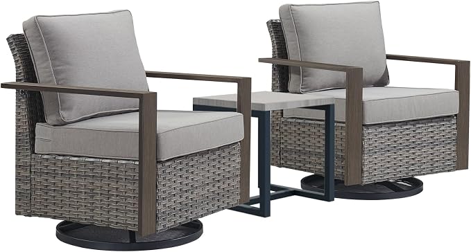 Outdoor Patio Swivel Rocker Chairs - 3 Piece Wicker Patio Furniture Bistro Set with 2 Swivel Rocking Chairs and 1 Metal Side Table,Thick Cushions,Deep Seating for Deck Porch Garden(Mixed Grey/Grey)
