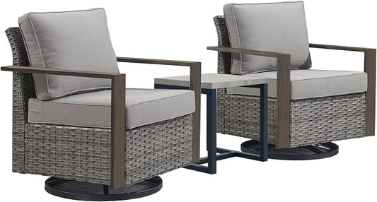 Outdoor Patio Swivel Rocker Chairs - 3 Piece Wicker Patio Furniture Bistro Set with 2 Swivel Rocking Chairs and 1 Metal Side Table,Thick Cushions,Deep Seating for Deck Porch Garden(Mixed Grey/Grey)