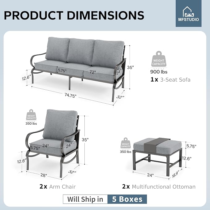 MFSTUDIO 5 Pieces Patio Conversation Sets, 7 Seats Metal Patio Furniture Sets with 1 x 3-Seat Sofa, 2 x Sofa Chairs, 2 x Ottoman, All Weather Steel Patio Sets with 5.75inch Grey Cushion for Garden
