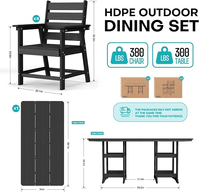 5-Piece Dining Set, HDPE Table & 4 Chairs, Black | HDPE Dining Set: 69.1" Table + 4 Chairs,380 lbs,304 Stainless,All-Weather,No Rust No Crack,Outdoor Patio Garden