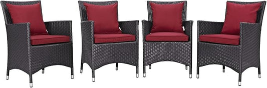 Modway Convene Wicker Rattan Outdoor Patio Dining Armchairs With Cushions in Espresso Red - Set of 4