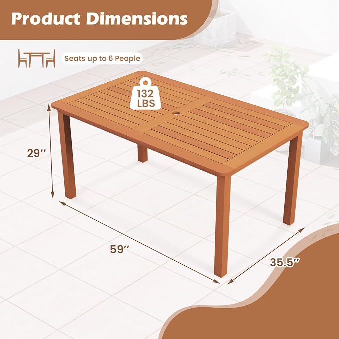 Tangkula 59 Inches Hardwood Patio Dining Table for 6, Outdoor Solid Wood Dining Table with Umbrella Hole & Teak Oil Finish, Rectangular Outside Dining Table for Backyard, Porch, Deck, Garden