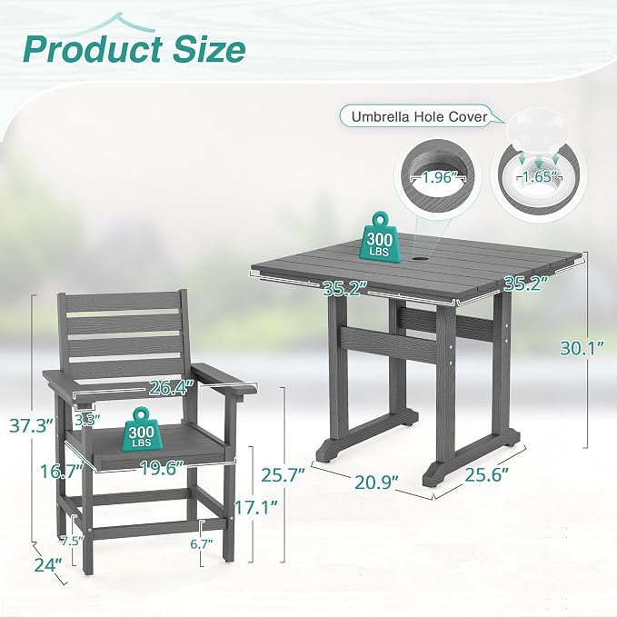 5 Piece Patio Dining Set, 35" Square HDPS Weather Resistant Outdoor Table & 4 Patio Chairs Set with 1.96" Umbrella Hole, Heavy Duty for Small Space Backyard Balcony, Grey