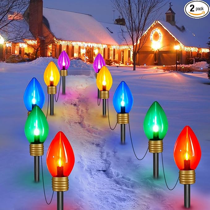 Jumbo C9 Christmas Pathway Lights Outdoor,2Pack Total 17FT C9 Walkway Light | 10 LED Multicolor Bulb Holiday Pathway Light with Marker Stake, Connectable Christmas Lights Outdoor Decoration for Lawn Yard