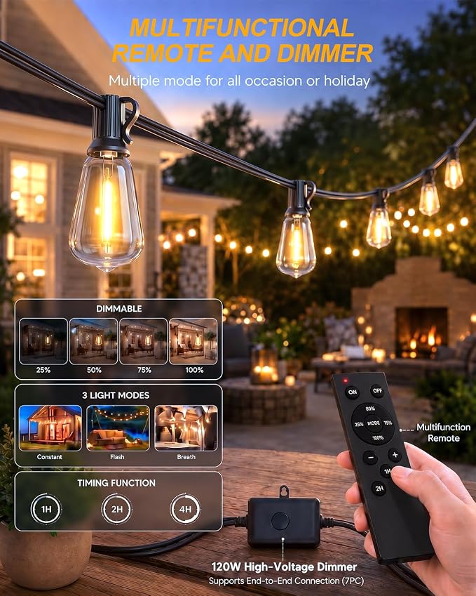 Outdoor String Lights 52FT, 32+2 Shatterproof Bulbs ST38, 1.5FT Spacing, IP65 Waterproof | Dimmable with Remote, Heavy-Duty, Include Screw & Zip Ties for Patio Backyard Holiday Outside