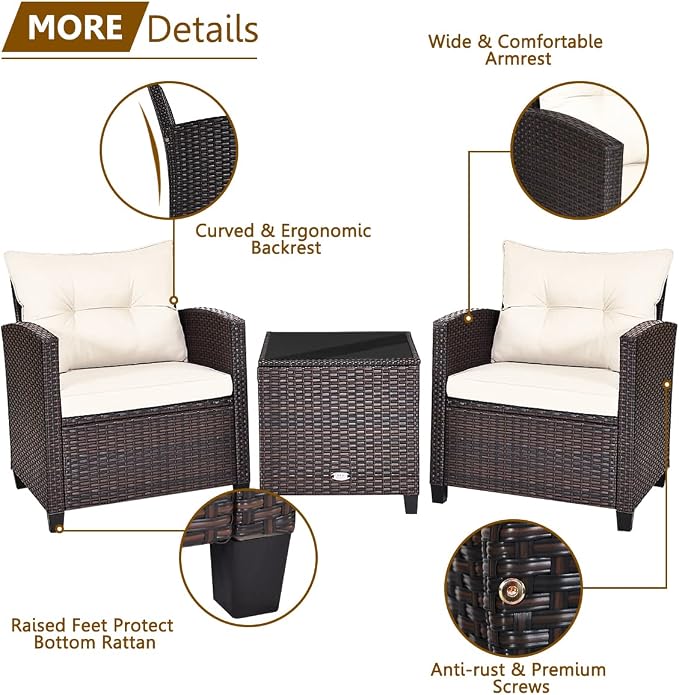 Modern Beige 3-Piece Wicker Patio Furniture Set with Water-Resistant Cushions & Tempered Glass Table