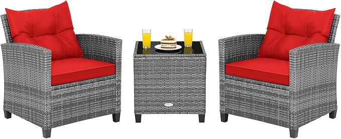 COSTWAY 3PCS Patio Furniture Set, PE Rattan Wicker Sofa w/Washable Cushion and Coffee Table, Tempered Glass Tabletop, Outdoor Conversation Set for Balcony, Porch, Yard, Backyard, Lawn, Red