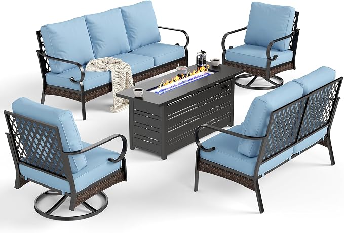 SUNSHINE VALLEY 5 Piece Metal Outdoor Patio Furniture Sets with Firepit Table, Patio Conversation Sets 1 3-Seater Sofa, 1 2-Seater Loveseat, 2 Swivel Sofa with 5.75" Cushion for Backyard Deck, Blue
