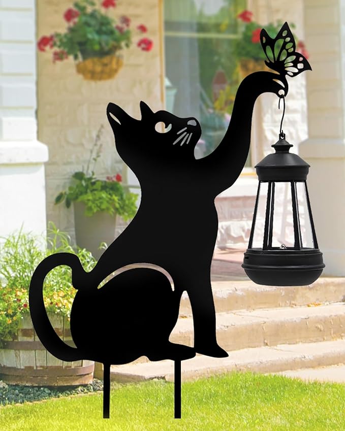 twinbling Solar Black Cat Lights Yard Decorations Outdoor | Unique Gift for Woman Mom Grandma Garden Decor Stake with Butterfly Decorative Metal Lawn Ornament for Pathway Patio