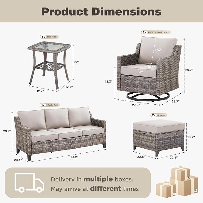 Belord Patio Wicker Swivel Rocker Patio Chairs with Side Table and 3-Seater Sofa, Outdoor Rattan Chairs for Deck Porch Garden, 6 Piece Luxury Patio Furniture Set, Beige