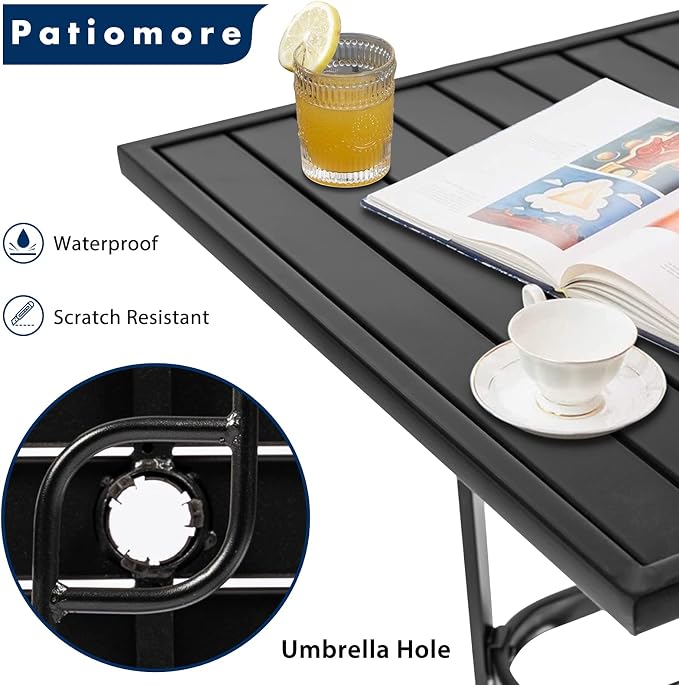 Patio Bar Table, Outdoor Bar Height Bistro Table with Umbrella Hole, Metal Frame and Slat Design (Black)