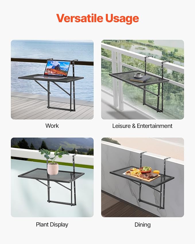 VEVOR Balcony Hanging Table, 24 x 16 inch Metal Folding Balcony Railing Table, 5-Level Adjustable, Fit Railing from 1" to 4.7", Serving for Outdoor Bar, Patio & Deck