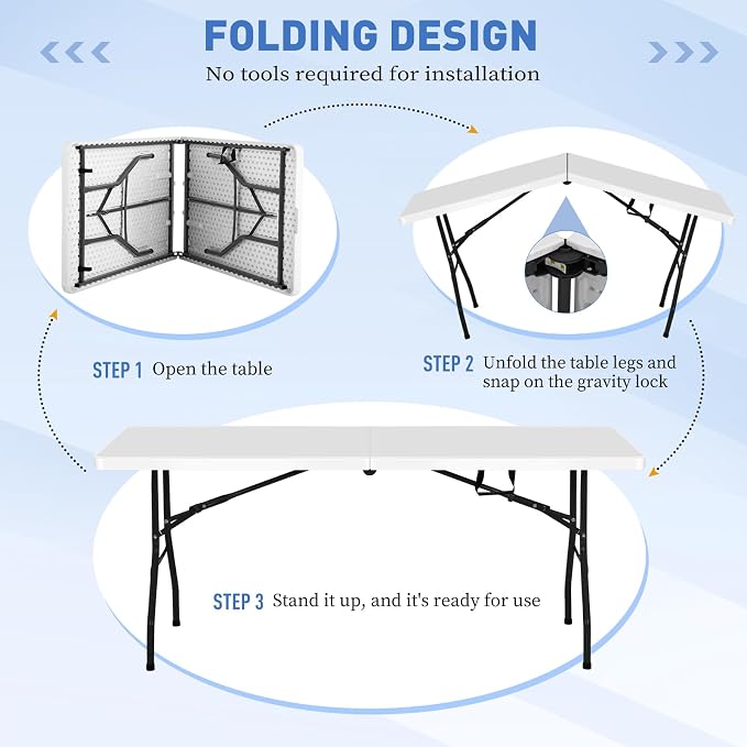 6FT Folding Table, Heavy Duty Plastic Table Portable Fold-in-Half Utility Table Indoor Outdoor Picnic Table w/Handle & Lock for Camping BBQ Party Wedding Market Events, 500LBS
