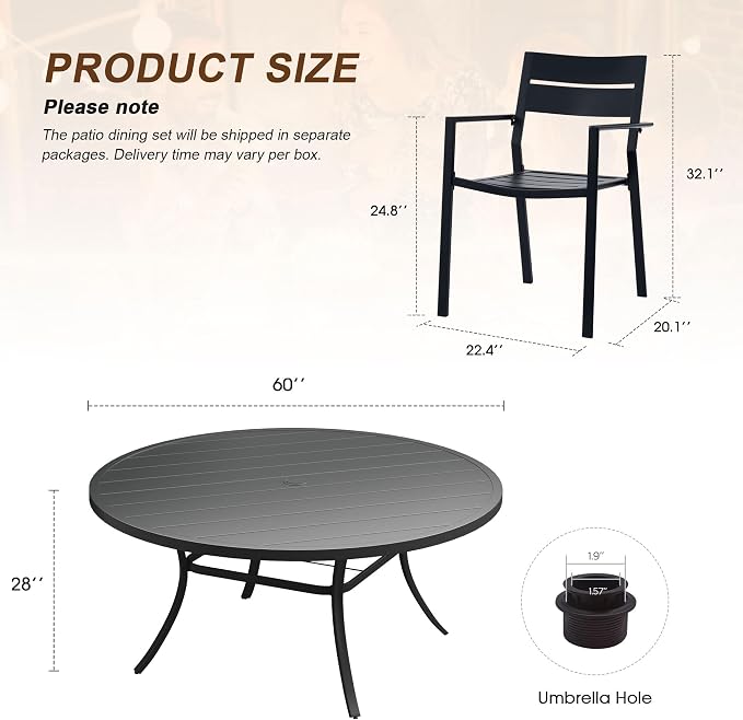 VICLLAX Patio 11 Pieces Outdoor Dining Set, Wrought Iron Metal Outdoor Table and Chairs Set, 60" Round Table with Umbrella Hole and 8 Stackable Chairs for Lawn, Garden, Porch, Black