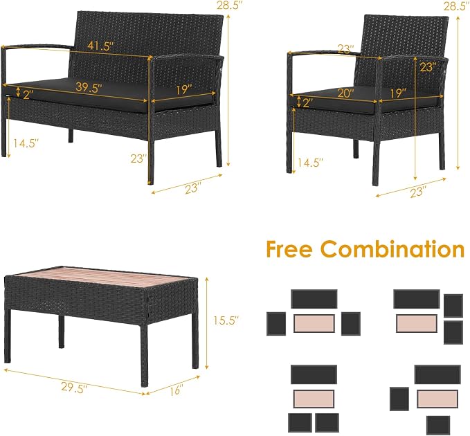 Tangkula 4 Piece Patio Rattan Conversation Set, Outdoor Wicker Sofa Furniture with Loveseat & 2 Single Chairs, Acacia Wood Tabletop, Outside Sectional for Poolside, Deck, Garden (1, Black)