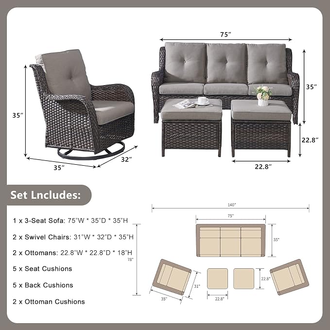 Rilyson Wicker Patio Furniture Set - 5 Piece Rattan Outdoor Sectional Conversation Sets with 2 Rocking Swivel Chairs,2 Ottomans and 1 Sofa for Porch Deck Garden(Brown/Grey)