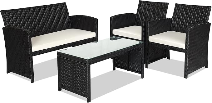 HAPPYGRILL 4pcs Patio Furniture Set Rattan Wicker Conversation Set Outdoor Sofa Wicker Table & Chair Set with Cushions for Garden Lawn Pool Backyard