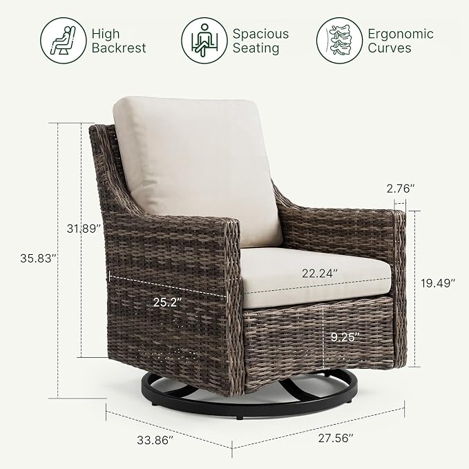 Outdoor Swivel Rocker Patio Chair with Premium Cushion, High Back Wicker Patio Swing Glider for Deck, Porch, Patio and Poolside (Beige, 2 Pcs - Swivel Glider & Side Table)
