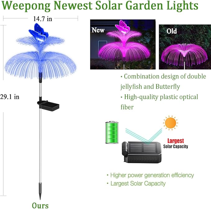 Weepong Solar Garden Lights Waterproof 3 Pack Solar Lights Outdoor Decorative 7 Color Changing Double Jellyfish and Butterfly Flower Garden Decor Yard Christmas Pool Outdoor, Gifts for Mother's Women