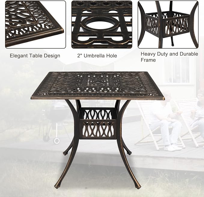VINGLI 5-Piece Outdoor Patio Dining Set, Cast Aluminum All-Weather Outdoor Table and Chairs w/Cushion, Outdoor Furniture Set w/Umbrella Hole for Backyard Deck Poolside (Square, Grid Back)