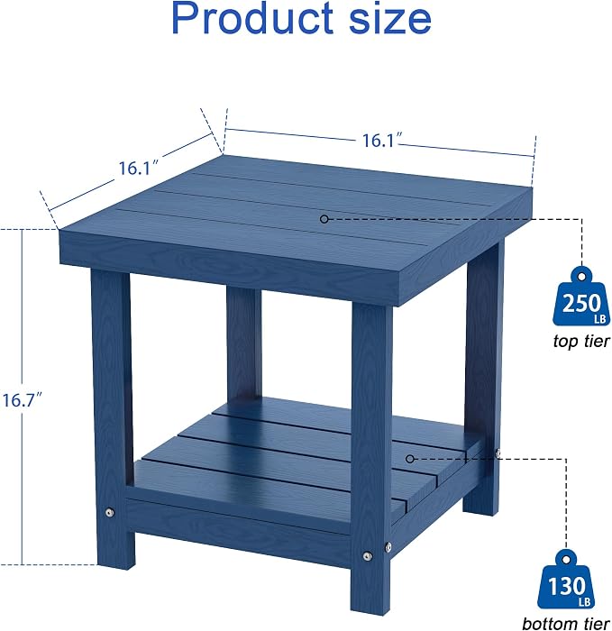 2-Tier HDPE Outdoor Square Side Table, Heavy-Duty Patio Side Table with Storage Shelf, Weather-Resistant Adirondack End Tables for Backyard, Pool, Porch, Garden, Lawn, Navy Blue