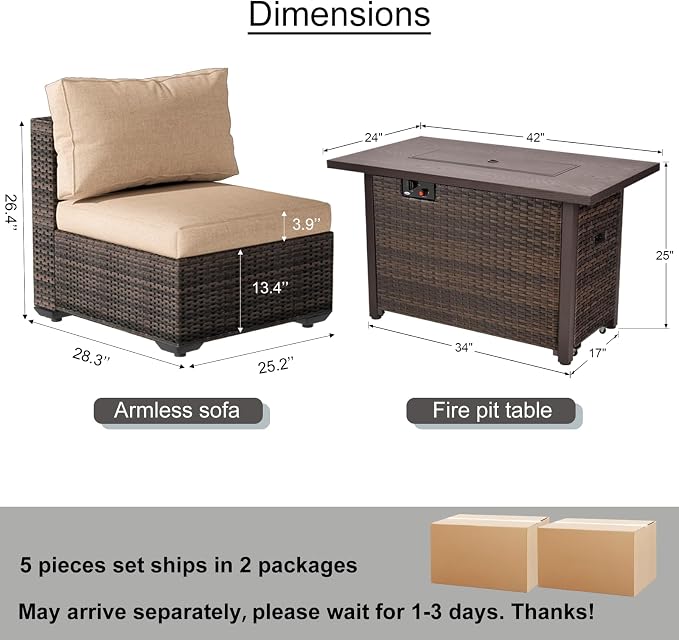 5 Pieces Patio Furniture Set with 42" Fire Pit Table, Outdoor Patio Sectional Sofa, Wicker Rattan Conversation Set, Beige