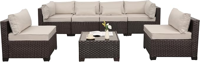Rattaner 7 Pieces Wicker Patio Furniture Conversation Set Outdoor Sectional Sofa Glass Coffee Table with Non-Slip Cushions and Furniture Cover, Beige