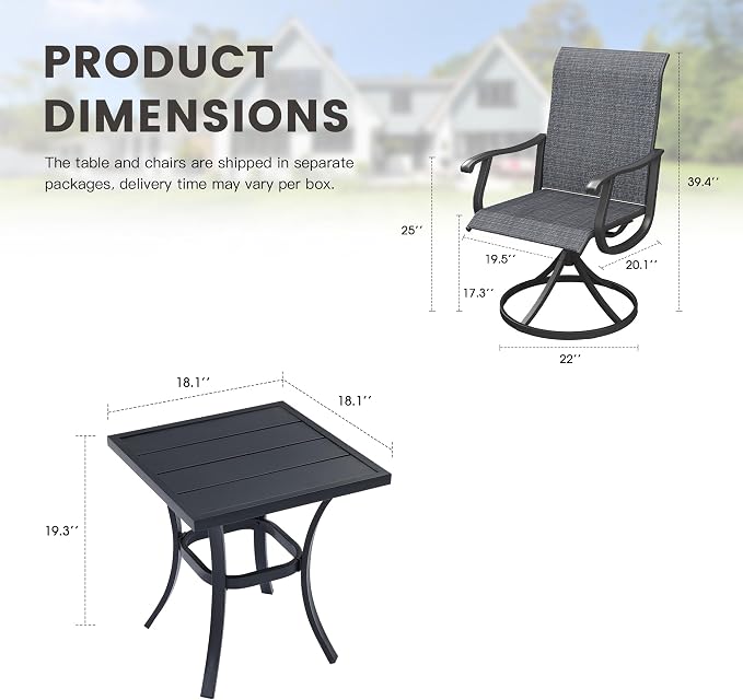 Outdoor Dining Set for 2, 18.1" Metal Square Patio Side Table and Sling Patio Swivel Chairs, 3 Pieces Patio Table and Chairs Set for Garden Backyard, Charcoal and Black