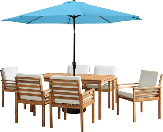 Alaterre Furniture Okemo 8 Piece Outdoor Dining Set with Umbrella - Solid Acacia Wood Outdoor Furniture Set with 63” Patio Table, 6 Patio Chairs, and 10ft Blue Umbrella