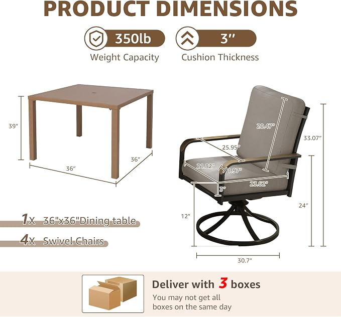 NATURAL EXPRESSIONS 5 Piece Outdoor Patio Dining Sets, 4pcs Swivel Dining Chairs & Square Woodgrain Dining Table with 1.65”Umbrella Hole for Lawn, Garden, Deck, Backyard and Porch
