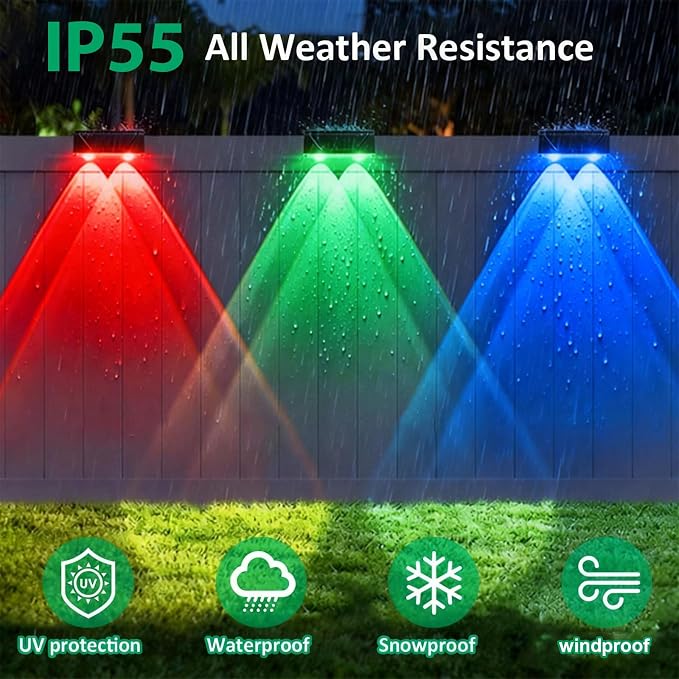 Solar Fence Lights Outdoor - Warm White & RGB 6 Color, Dusk to Dawn Deck Light, IP55 Waterproof Garden Lights for Outside/Backyard/Railing/Step/Patio/Wall (2PK)