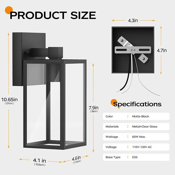 WIHTU Exterior Lighting Fixture Wall Mount, Outdoor Porch Light Wall Sconce | 10.65 inch, Anti-Rust Metal Frame, Tempered Glass, E26 Base, Waterproof, Wall Lantern for House, Patio, Garage, Entryway