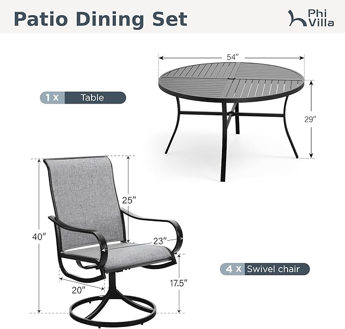 PHI VILLA 7 Piece Outdoor Patio Dining Set with 6 Swivel Dining Chairs & 1 Large Round Dining Table, Gray Textilene Mesh Fabric Chair and 54" Metal Table for All Weather