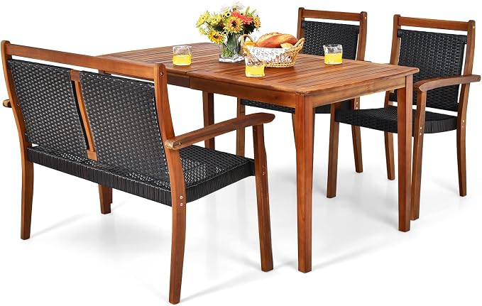 Tangkula 4 Pieces Patio Dining Set for 4, Patiojoy Space-Saving Outdoor Acacia Wood Dining Table and PE Rattan Chairs Set with 1.9” Umbrella Hole, for Garden, Backyard, Deck, Poolside, Balcony